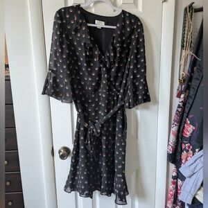 LOFT Black Red Cream Belted Mod Retro Pinup Pattern Dress 14 Midi